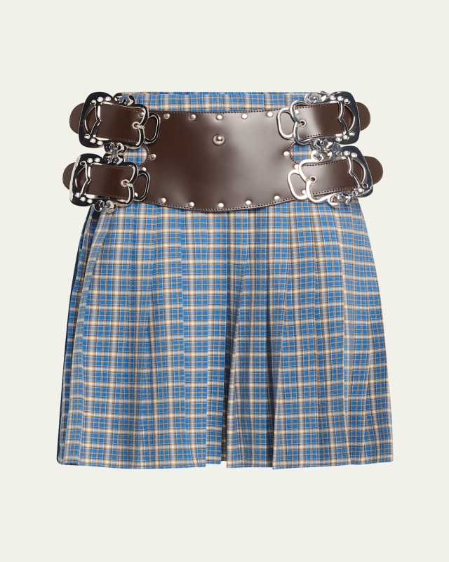 Marshal Mixed-Media Check Belted Skirt